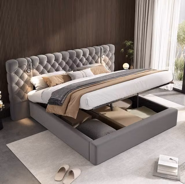 STILVORA King Size Ottoman Bed in Grey Velvet with Integrated Reading Light and Lift Up Base, W/D/H: 180 x 200 x 152.4 cm – 1