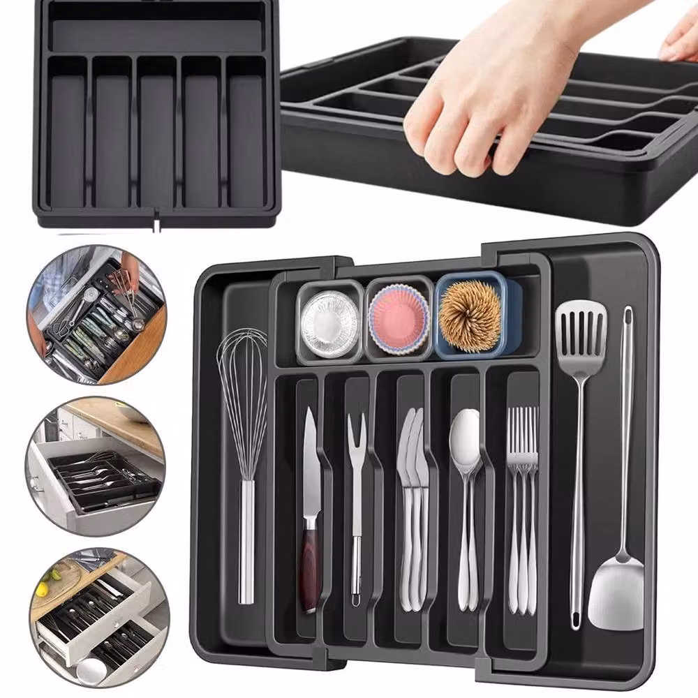 PAWNORA Extendable Black Plastic Cutlery Tray – 3