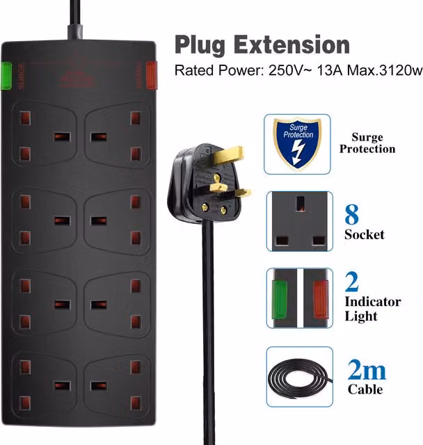 ExtraStar 8 Gang Surge-Protected Extension Lead, Black, 2m