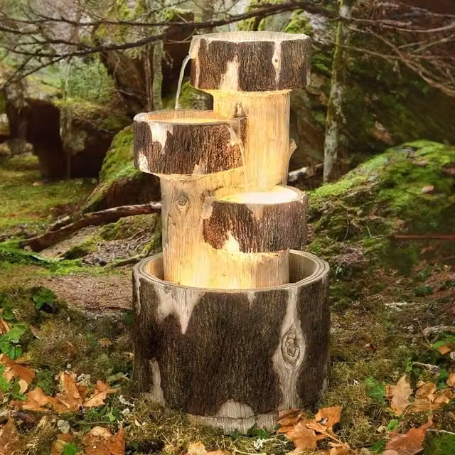 Primrose Log Cascading 3 Tier Water Feature with Lights in Natural Brown, Height: 75 cm – 1