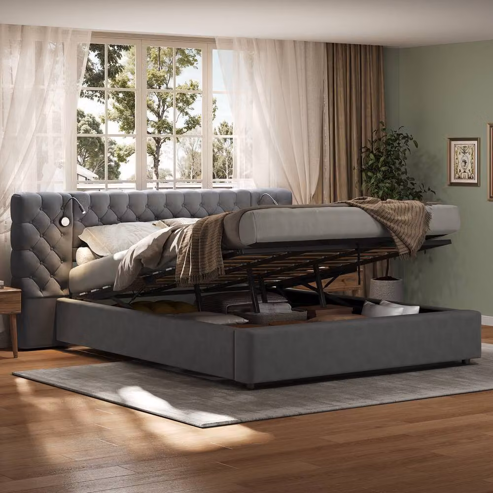 Rolipo Grey Velvet Upholstered Double Bed with Lift Up Base and Integrated Reading Light, W/D/H: 180 x 200 cm – 1