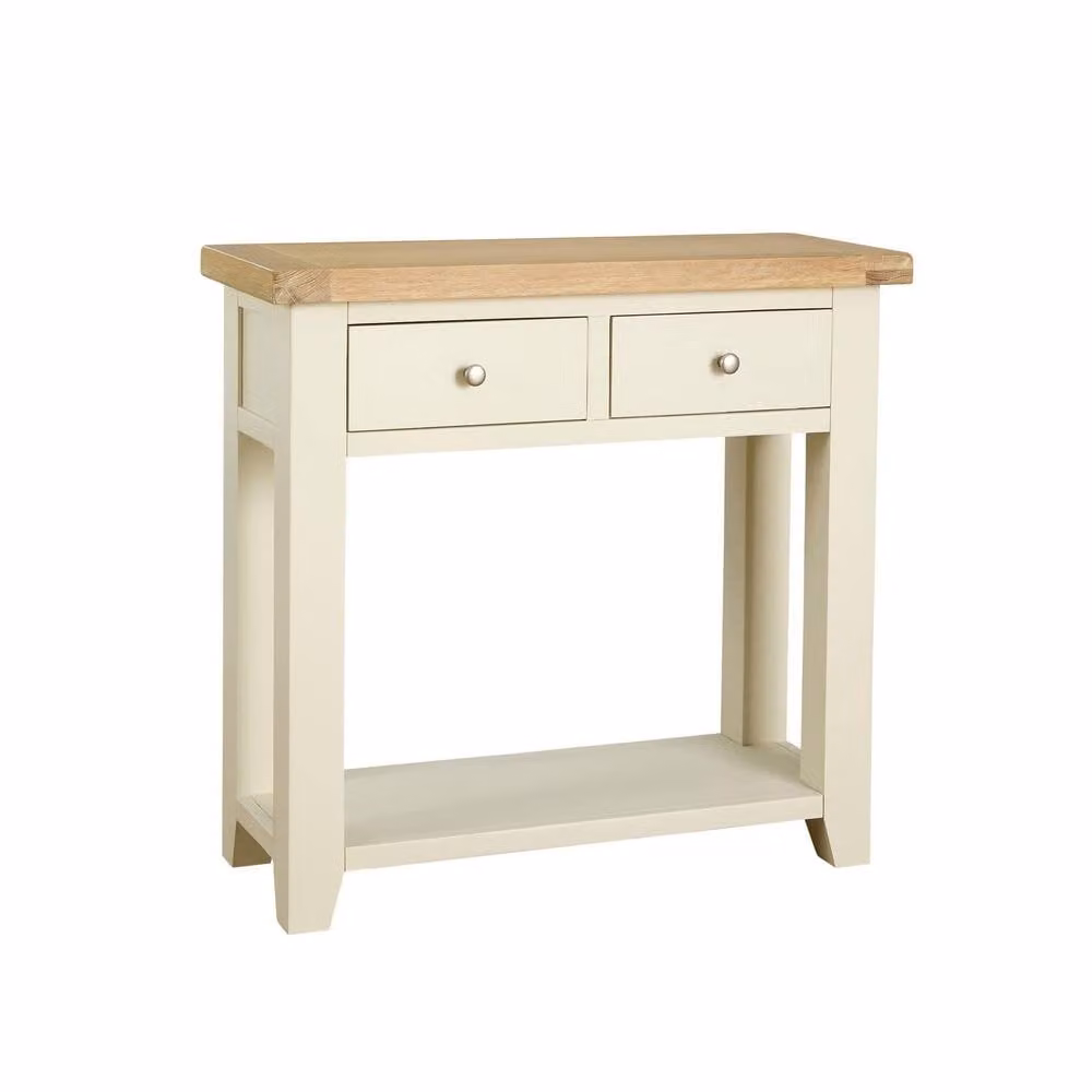 Home Source Melbourne Hallway Console Table with 2 Storage Drawers, White with Solid Oak Top, W: 85 cm, D: 34 cm, H: 70 cm – 2