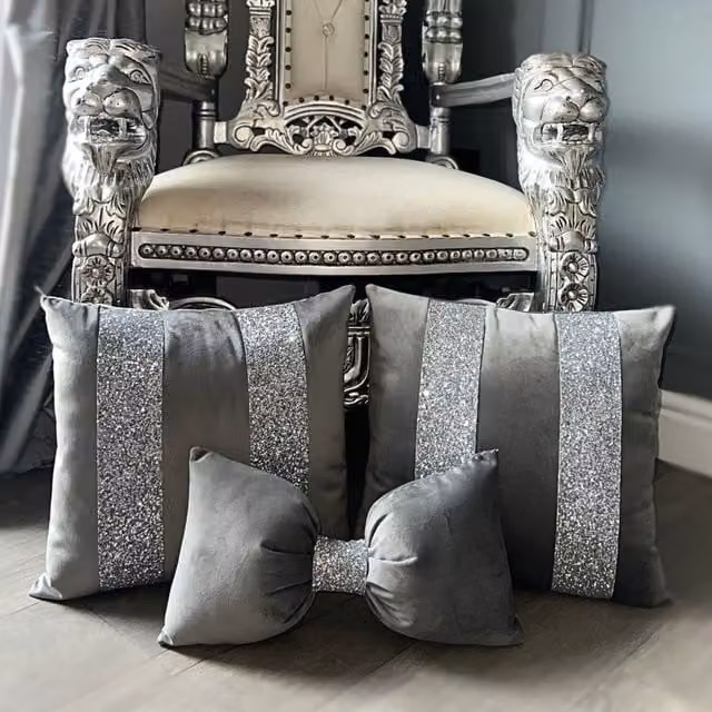 Fabricnco Grey and Silver Glitter Bow Cushion Set