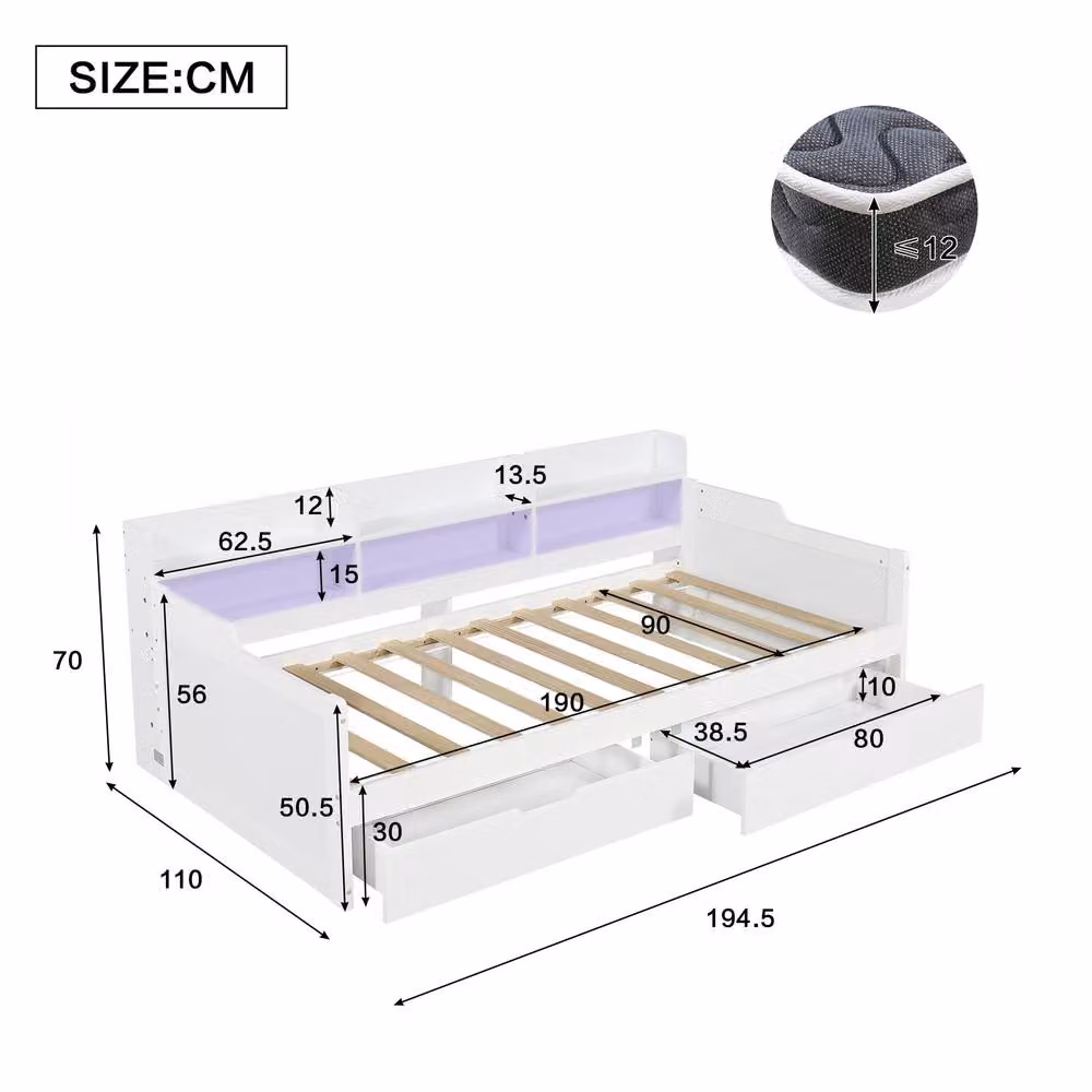 Merax White Wooden Single Storage Daybed with LED Lighting, Shelves and Drawers, W/D/H: 90 x 190 x 70 cm – 2