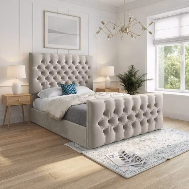 KDMD Workington Small Double Upholstered Designer Bed Frame in Beige Soft Velvet – 1