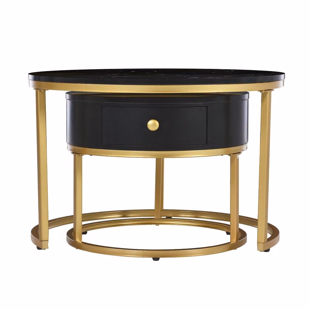 Rolipo Set of 2 Round Nesting Coffee Tables with Black Marble Effect Tops and Gold Metal Frames – 7