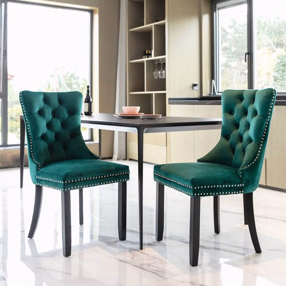Modern Home Touch Romsey Set of 4 Dark Green Velvet Upholstered Dining Chairs with Oak Legs and Knocker Ring Back – 2