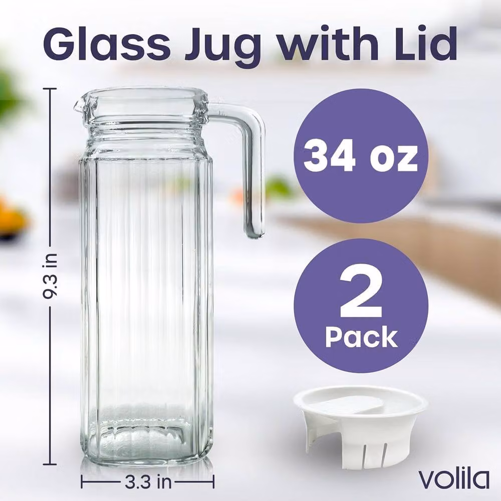 Volila 2 Pack Clear Glass Fridge Juice Jugs with Lid, 1 l each – 2
