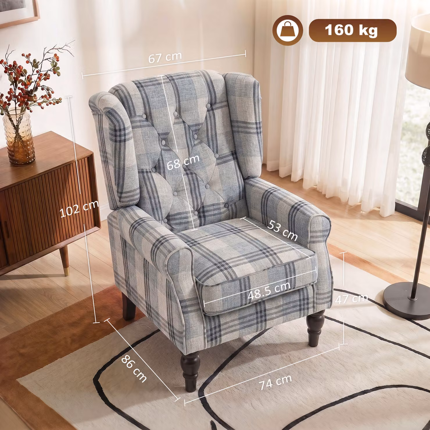 HOMCOM Mixed Plaid Faux Linen Wingback Armchair with High Back and Solid Wood Legs – 3
