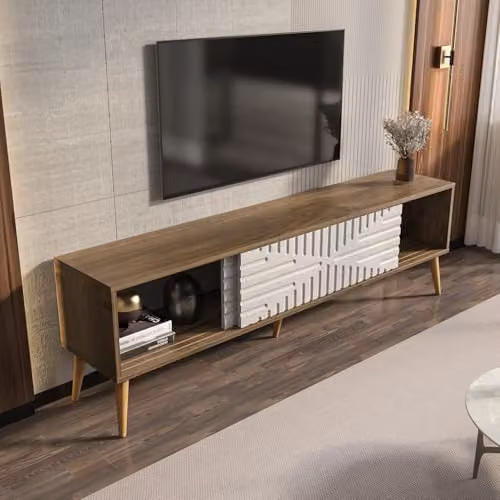 DECOROTIKA Riso Modern TV Stand with Sliding MDF Doors and Solid Wood Legs, White and Brown, W: 180 cm, H: 54 cm, D: 35 cm – 3