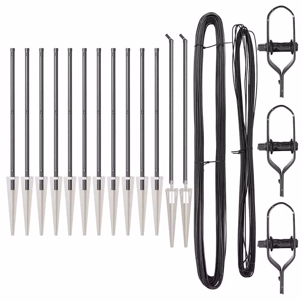 vidaXL Set of 13 Round Grey Metal and Plastic Fence Posts, Height: 66 cm – 3