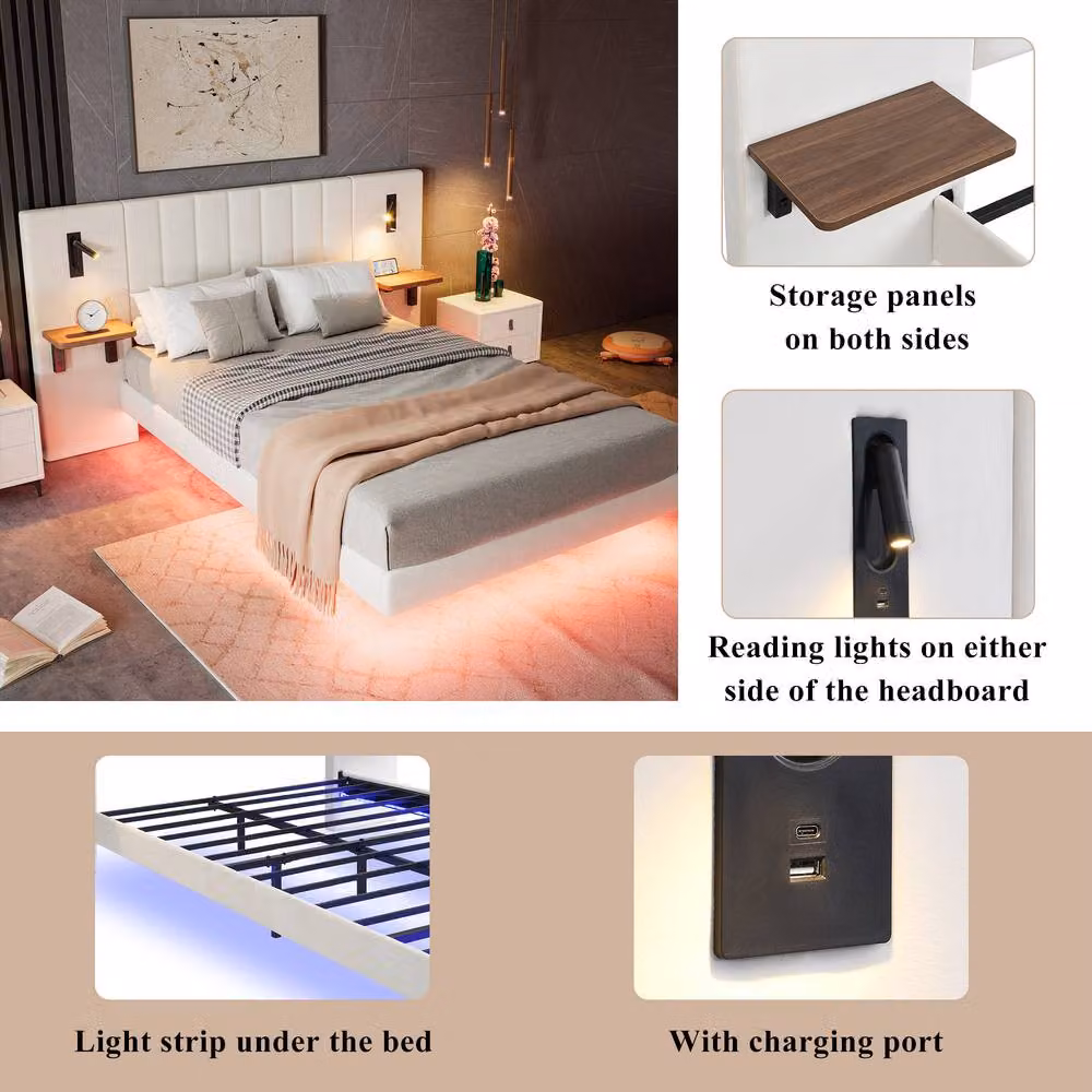 Rolipo White Velvet Upholstered Double Bed with LED Under-Bed Lighting, USB Charging Ports and Side Compartments, W/D/H: 135 x 190 x 103 cm – 3