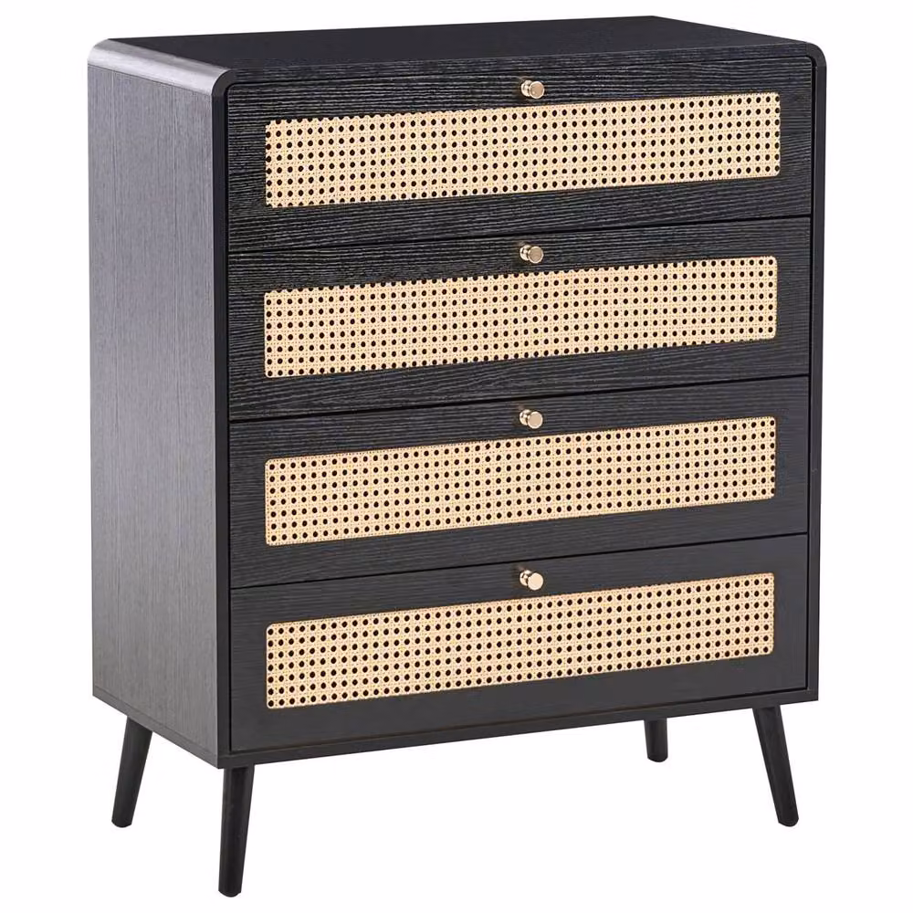 Wyld and Coco Black 4-Drawer Chest with Rattan Front and Pine Legs – 2