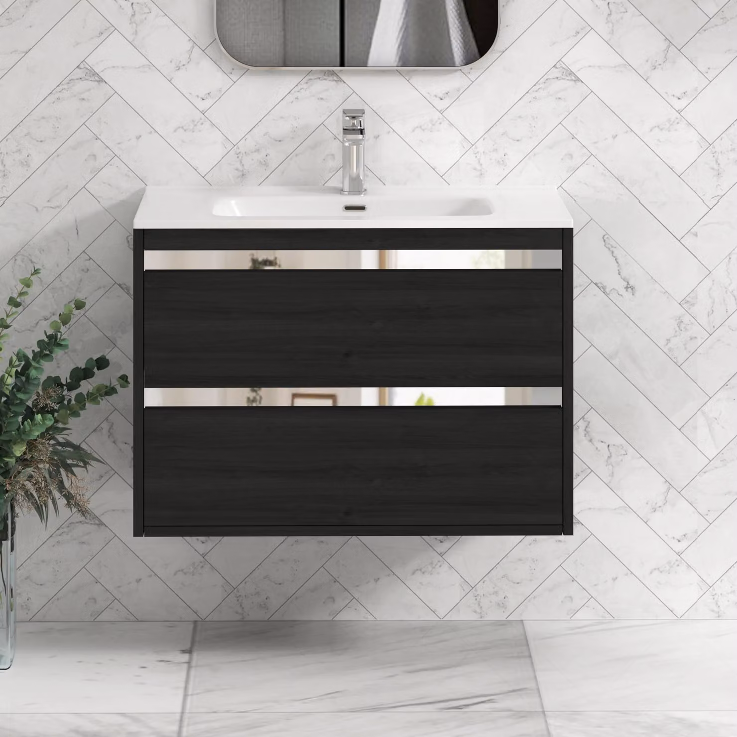 Royal Bathrooms Orion 800mm Wall Hung 2 Drawer Vanity Unit in Hale Black with Ceramic Basin and Chrome Accent Trim
