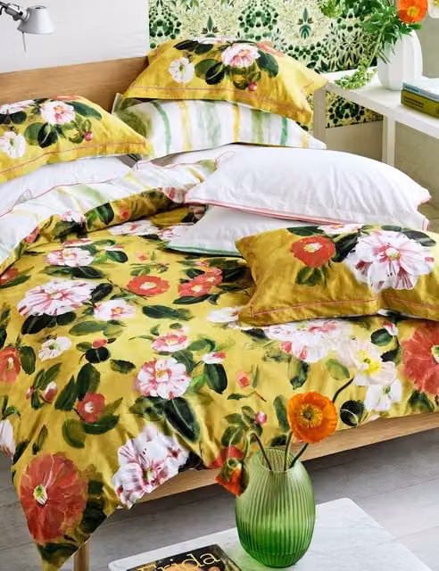 Designers Guild Camellia Reversible Mako Satin Cotton Bedding Set, Multicolour, W: 140 cm, L: 200 cm