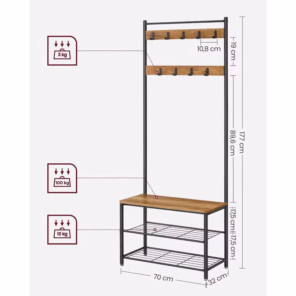 KORVIXA Industrial Hall Tree with Bench and Coat Rack in Brown – 2