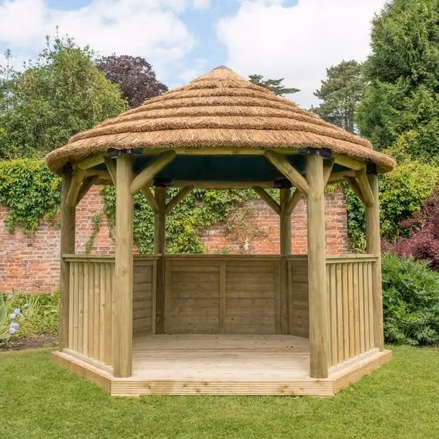 Forest Rustic Thatched Hexagonal Garden Gazebo in Green and Brown with Wood and Steel Frame, Diameter: 360 cm