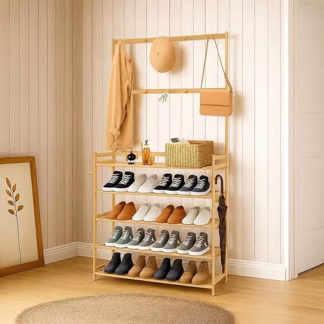 EONLION Classic Coat Rack with Hooks in Light Oak, Brown, W/D/H: 90 x 25 x 160 cm
