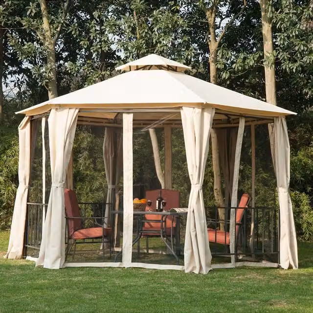 Outsunny 2 Tier Gazebo Canopy Party Tent in Beige and Black