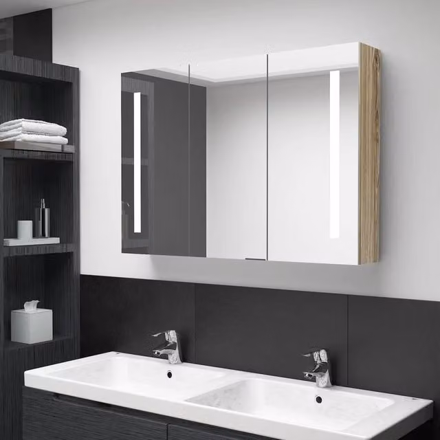 Berkfield Home LED Bathroom Mirror Cabinet in Oak Light Tan, W/D/H: 89 x 14 x 62 cm