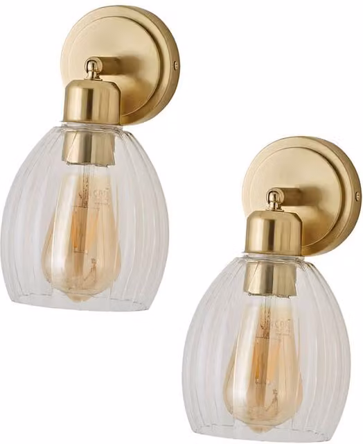 ValueLights Cheltenham Pair of Adjustable Ribbed Glass Dome Spotlight Wall Lights in Gold with Bulbs