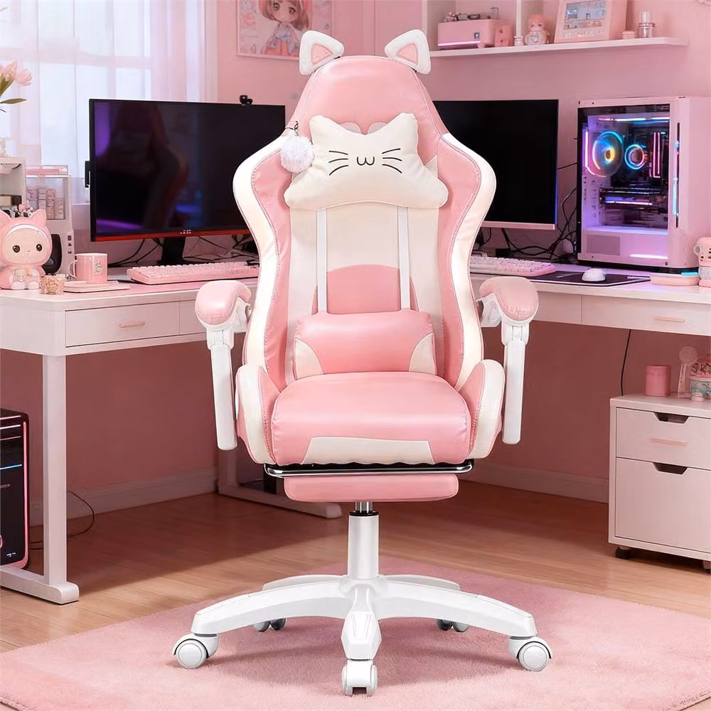 NESTLUNE Pink Gaming Chair with Cat Ears, Height Adjustable and 360 Degree Swivel – 2
