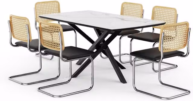 VonHaus Marble Effect Dining Table Set with 6 Chairs in White and Black