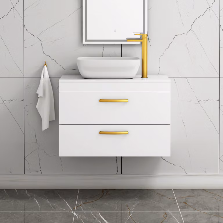 Royal Bathrooms 800mm Wall Hung Gloss White 2 Drawer Vanity Unit with Elva Countertop Basin and Brushed Brass Handle