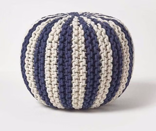 Homescapes Striped Knitted Cotton Pouffe Footstool in Blue, W/D/H: 35 x 40 x 35 cm – 1