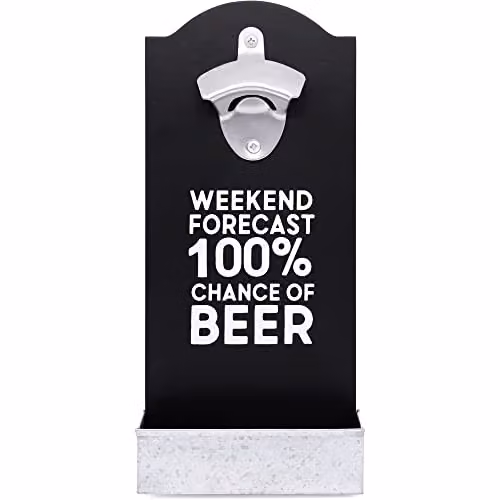 Maison Des Cadeaux Weekend Forecast Wall Mounted Wood and Metal Bottle Opener with Cap Catcher in Black and Brown – 3