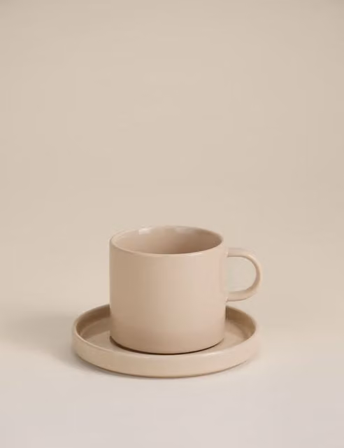 M&S Stoneware Straight Sided Coffee Cup and Saucer Set in White and Beige
