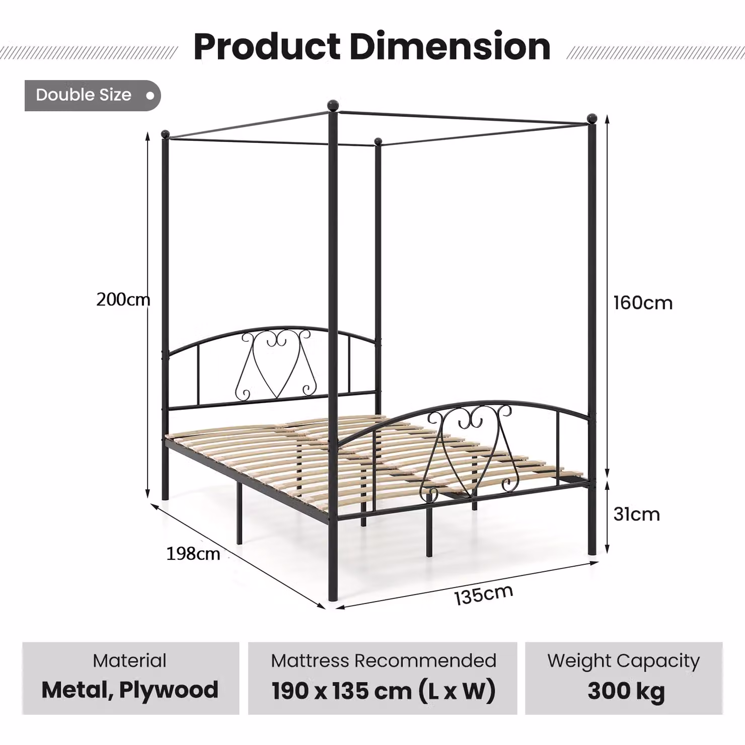 Costway Modern Metal Canopy Bed Frame in Black, W/D/H: 140 x 200 cm – 2