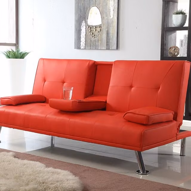 Comfy Living Red Faux Leather Click Clack Sofa Bed with Cup Holder