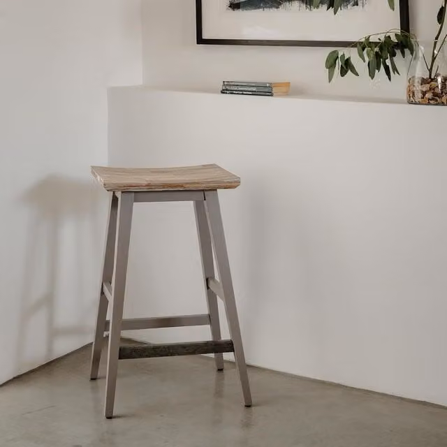Florence Breakfast Bar Stool in Dove Grey with Acacia Wood and Metal Frame, H 65 cm, W 43 cm, D 33 cm