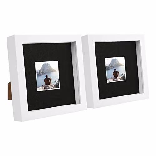 Nicola Spring Pack of 2 White 3D Box Photo Frames with Black Mounts, Hanging or Standing, 17.5 x 17.5 cm
