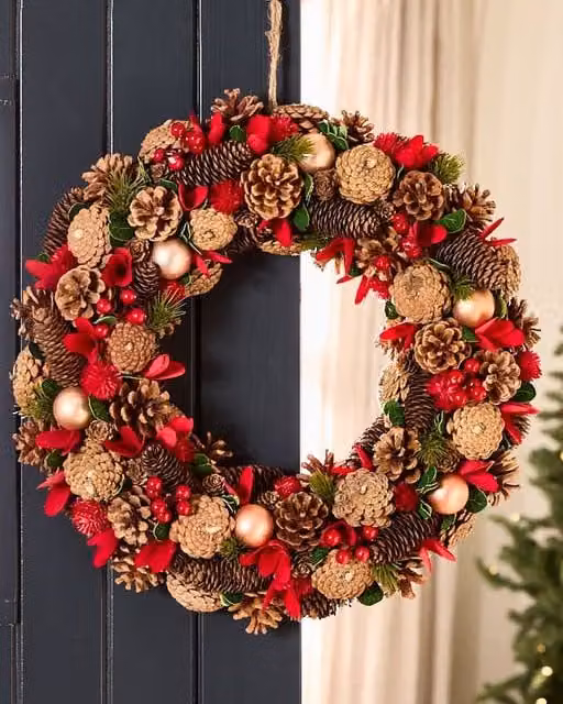 Dibor Giant Canterbury Christmas Front Door Wreath in Red, Gold, Green and Multicolour, Diameter: 50 cm