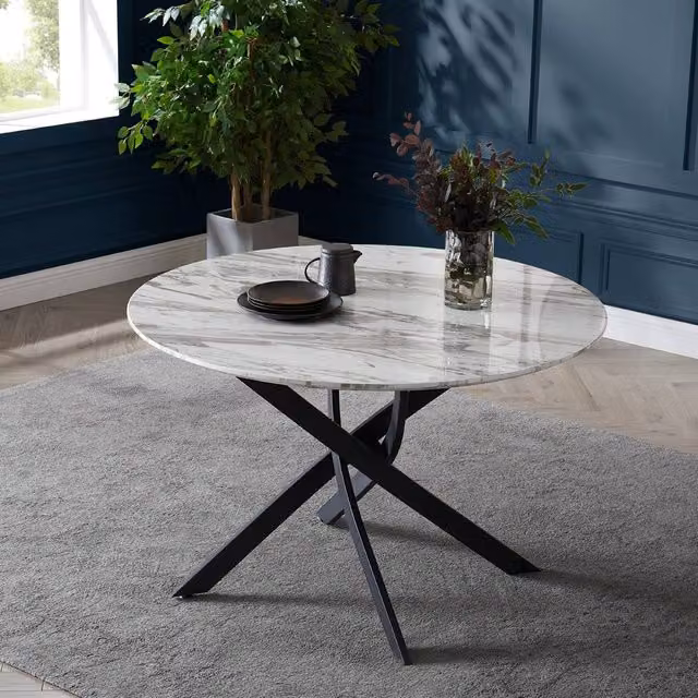 Home Detail Morag Round Marble Effect Dining Table in White with Black Metal Legs, Diameter: 100 cm