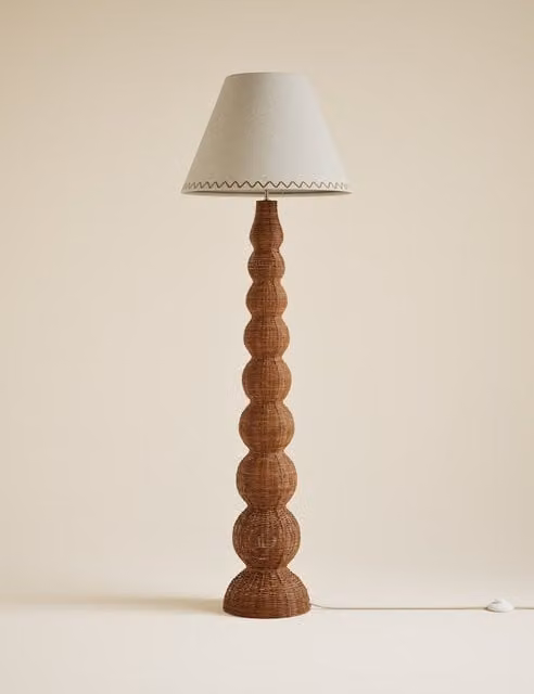 M&S Brown Rattan Boho Floor Lamp with Fabric Cylinder Shade