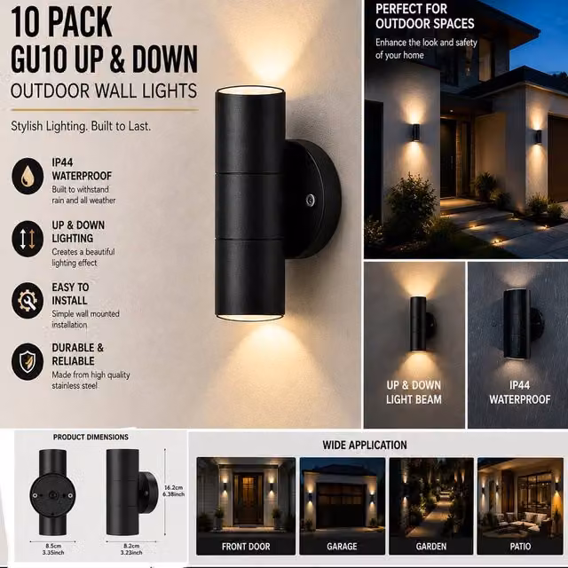 ATEK 10 Pack Black Stainless Steel Up and Down GU10 Outdoor Wall Lights for Garden and Terrace – 1
