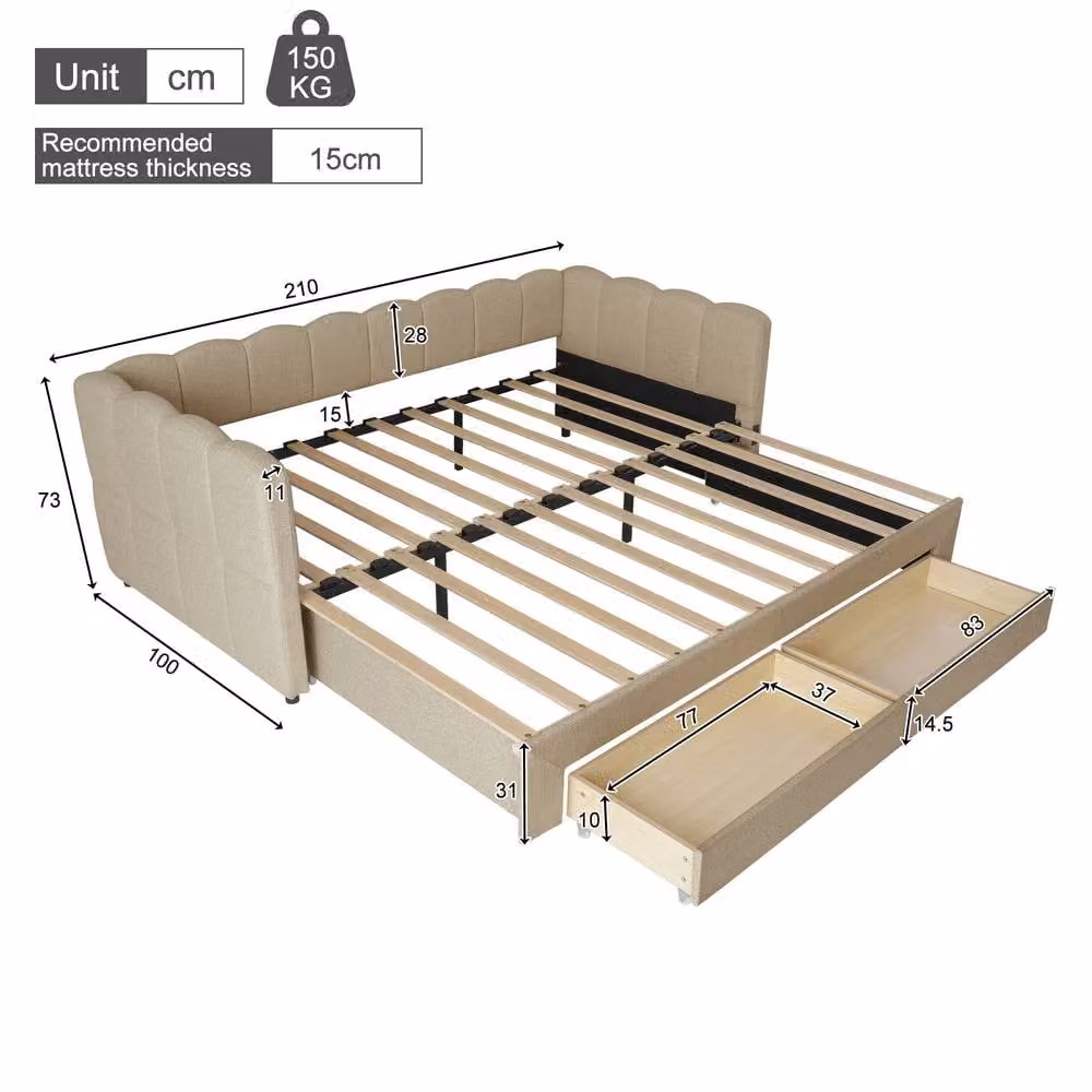 Merax Beige Upholstered Extendable Daybed with 2 Storage Drawers and USB Charging Ports, W/D/H: 90 x 190 cm – 4