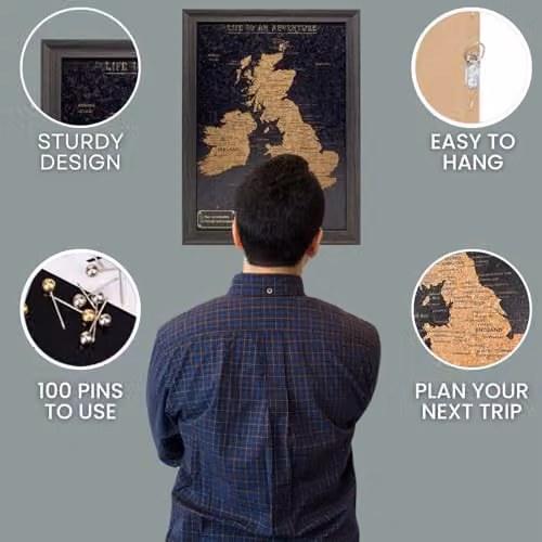 Splosh UK and Ireland Travel Map Pin Board with Black Cork and Wooden Frame, H 59 cm x W 59 cm x D 7 cm – 3
