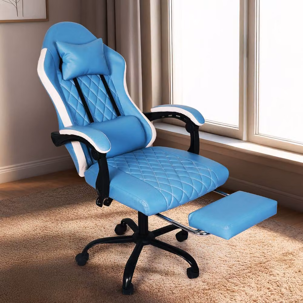 Levede Blue and White Ergonomic Gaming Chair with Headrest, Adjustable Height and Swivel Function – 3