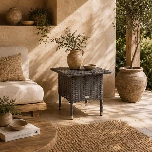 Wyld Haus Nari Grey Rattan and Steel Outdoor Side Table with Woven Top – 1