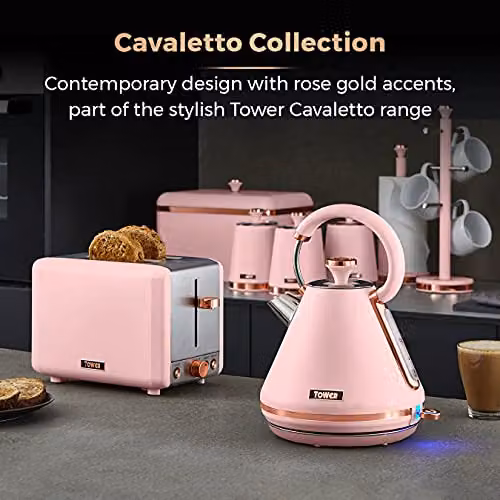Tower Cavaletto 2-Slice Toaster in Pink, Black and Gold with Stainless Steel Finish and Cable Storage – 2