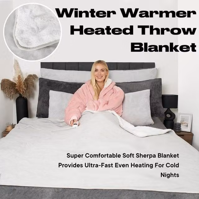 OHS Sherpa Fleece Electric Heated Blanket in Grey with Auto Shut Off