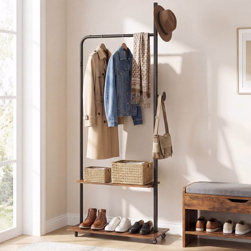 Costway Rolling Wooden Clothing Rack with Hanging Rod and Side Hooks in Brown – 2