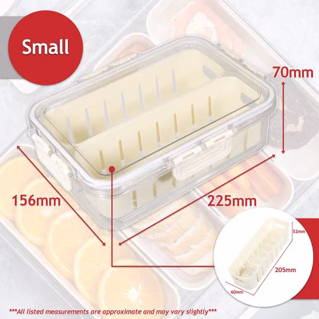 SPARES2GO Small Transparent Plastic Food Storage Container with Leakproof Securing Clips Lid and 2 Removable Dividers, W/D/H: 22.5 x 15.6 x 7.0 cm