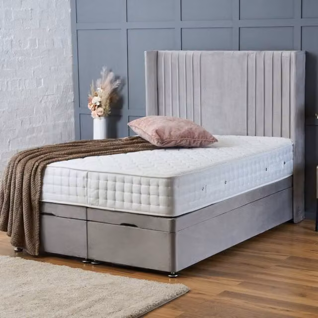 BSSPOKE Charlotte Super King Ottoman Divan Bed with 54 inch Headboard and Mattress in Silver Plush Velvet – 1