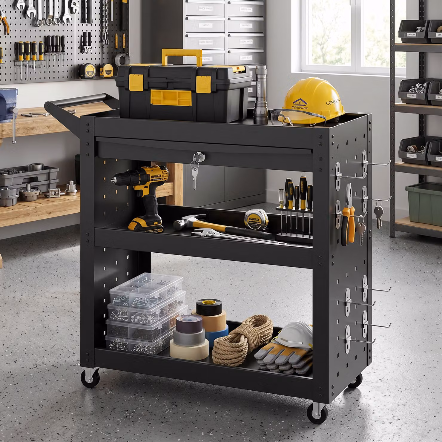 HOMCOM Black Steel Rolling Tool Cart with Lockable Wheels, 3-Tier Trays, Drawer and Pegboards, W/D/H: 78 x 35 x 90 cm – 2