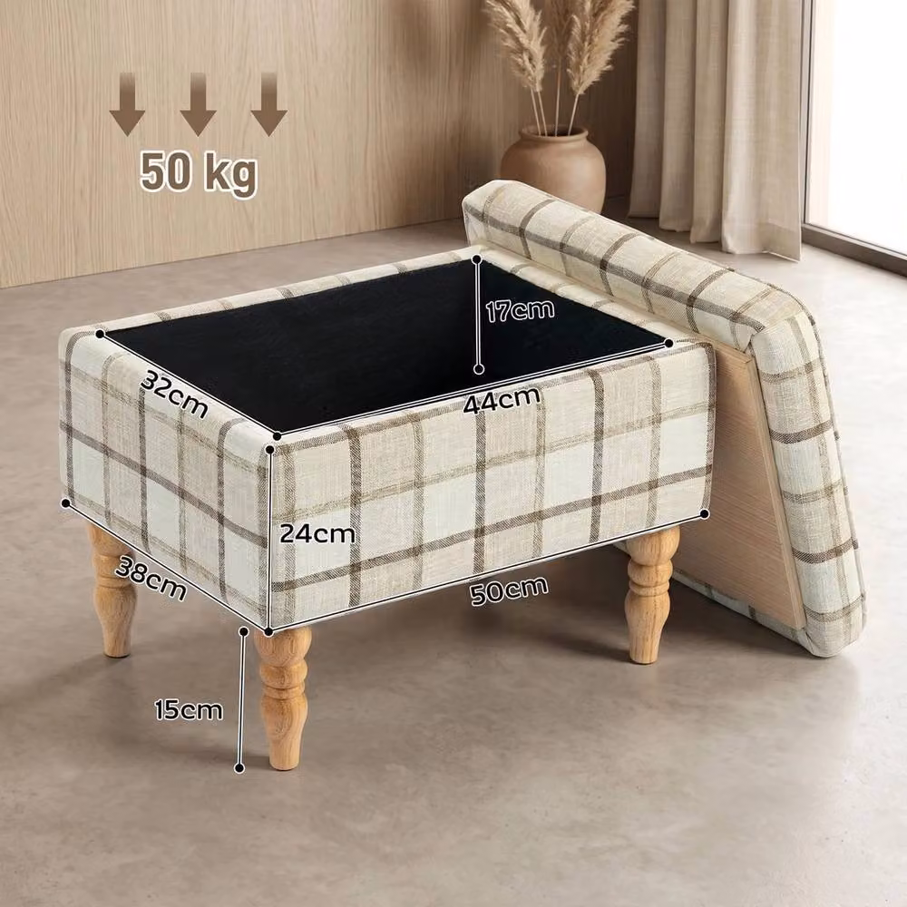 Havendro Beige Linen Fabric Upholstered Rectangular Footstool with Removable Cover – 2